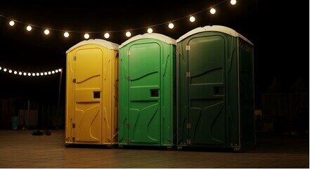 Colorful portable restrooms lit by string lights at an evening festival