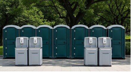 Dark green portable restrooms paired with hand-wash stations in a park