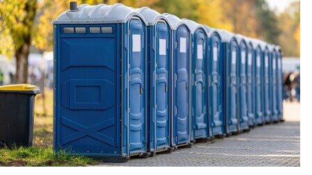 Row of navy blue portable restroom units ready for dispatch