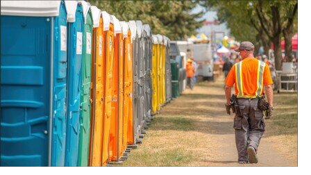 Row of colorful portable restrooms with a staff member in a safety vest